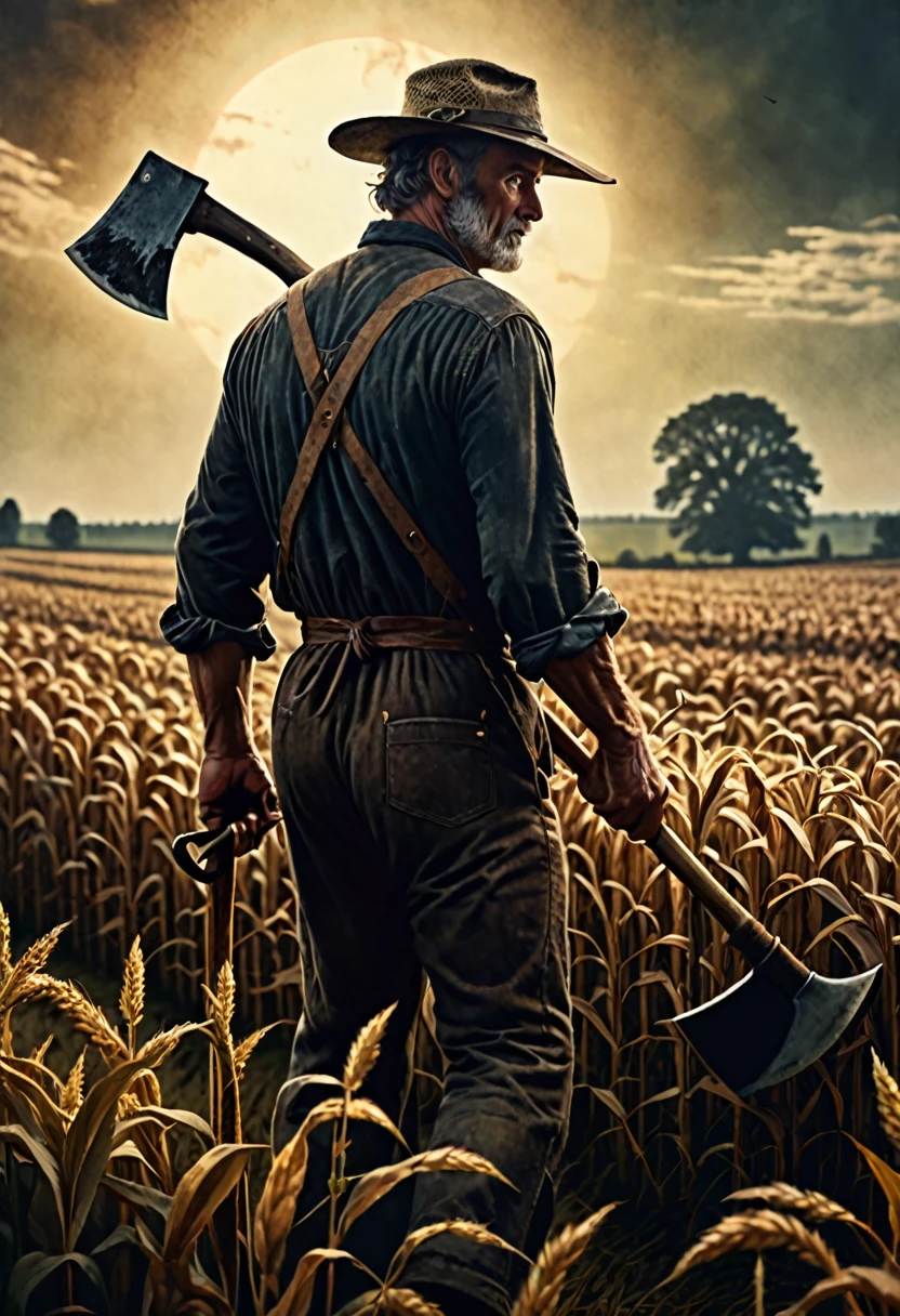 Close-up of a farmer holding an axe walking In profile,  through a field , dark fantasy style from the 70s, with intense German-style romantic painting. Shadows and spectacular lighting.