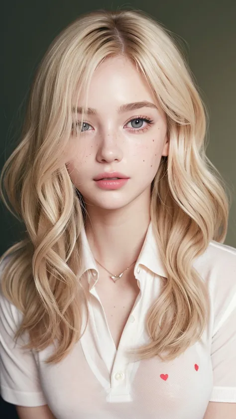 light blonde hair, wavy blonde hair, wavy blonde hair, with small fringe, black eye, upturned and beautiful nose, thick lips, cu...