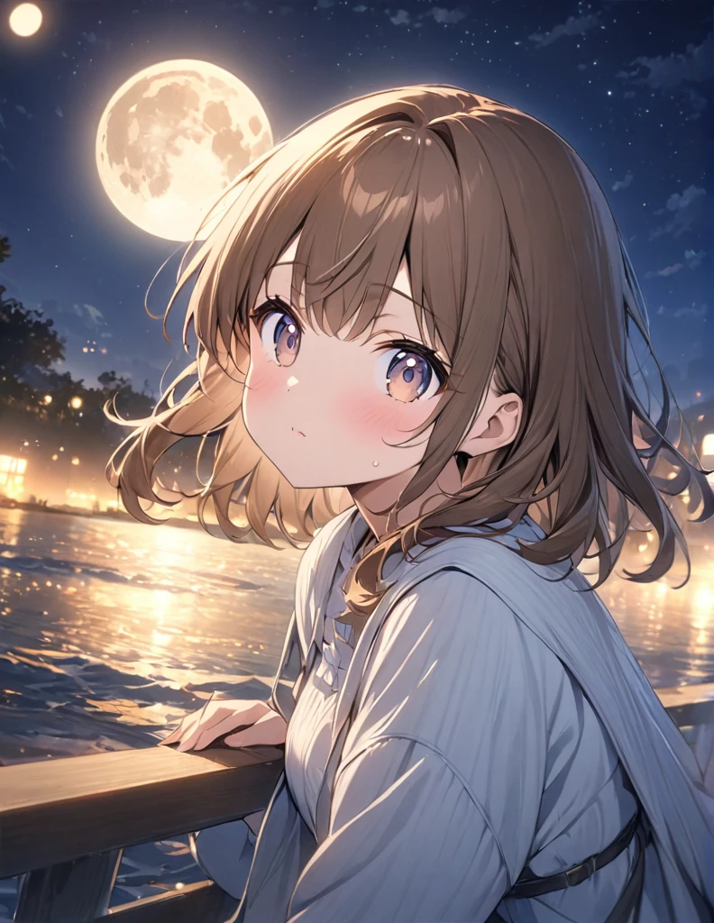 (masterpiece:1.2),(anime),Big moon in the background、Night Sky、Girl watching the moon、cute、The girl is illuminated by the moonlight、Great work、Light effects,long,Brown Hair