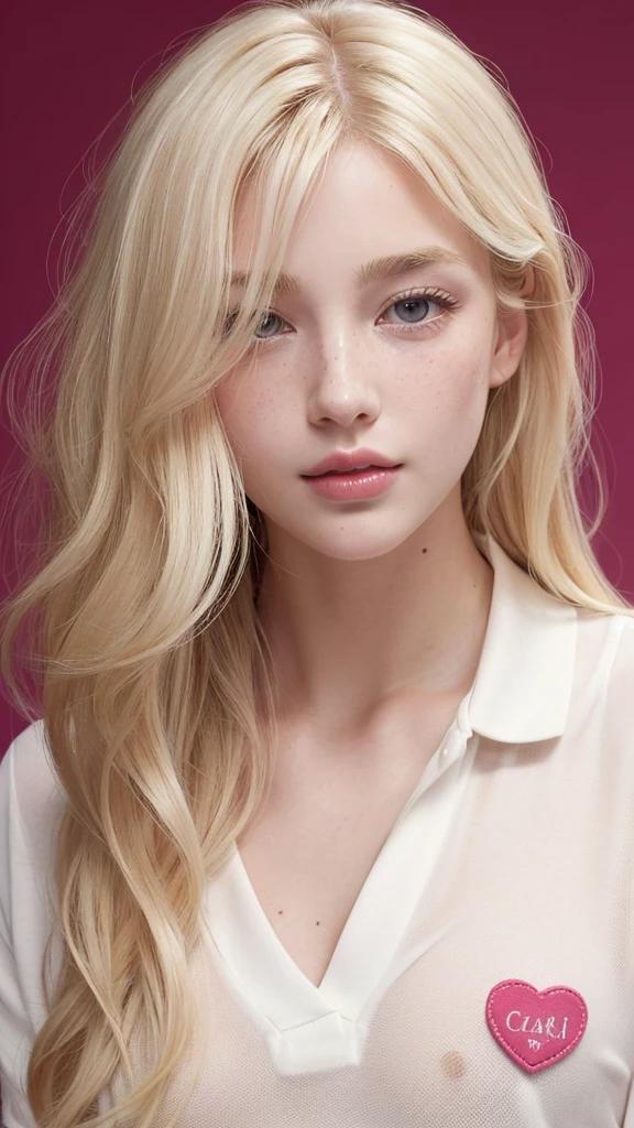 Light blonde hair, Wavy blonde hair, Wavy blonde hair, With small fringe, black eye, Upturned and beautiful nose, Thick lips, Cupid with heart shaped lips.., Pink Lips, pale, White skin, Nice and soft skin, I have freckles and moles, Beautiful eyebrows, Exceptionally beautiful collarbones, He is wearing a polo shirt, dark red, With women&#39;s underwear, slim and beautiful stomach, Bare neckline, (Large Breasts, Soft Breasts, Natural Breasts, Bare neckline), While holding a rose,  Looking at the camera, Auto Photo,