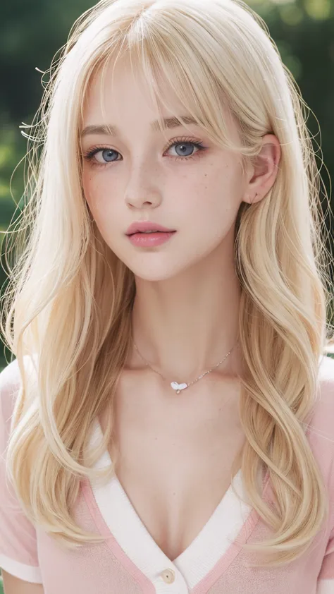 Light blonde hair, Wavy blonde hair, Wavy blonde hair, With small fringe, black eye, Upturned and beautiful nose, Thick lips, Cu...