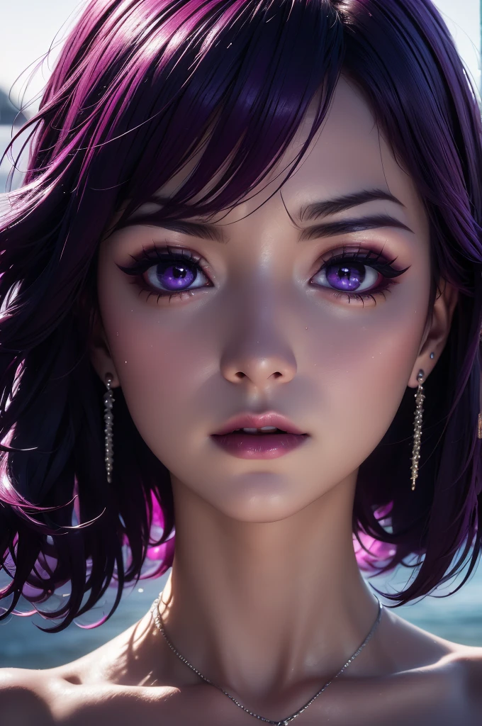 picture, ProFessional Full-body, (detailed Face and eye:1.4), Purple eyes,Deep rifts, colorFul, color photography oF woman, (dark makeup), necklace, Earrings, (Dark lipstick), Split lips, sharp Focus, Focus on Face, Insanely sharp details, Very detailed, gigantic breasts in Frame, 4K HQ, 8k, depth oF Field, F/1.2, Leica, 8k HDR, High contrast, Highly retouched, Shadows, sad, Award-winning photography, The best photographers.