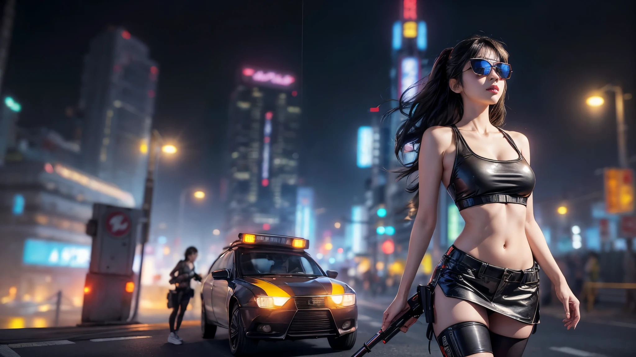 8k, Realistic Skin Texture, Realistic Photo, Neo Tokyo, slim Japanese women, large-breast:1.3 cleavage:1.2, AD2050 at night, Dirty hunting jacket, Wearing tube top, miniskirt, (((black sunglasses, automatic rifle, sneakers, cold, shooting pose, low angle view))), Innovative composition, revenge, cyberpunk, blade runner worldview, Large neon sign, Geisha hologram sign, Strong Wakamoto Sign.