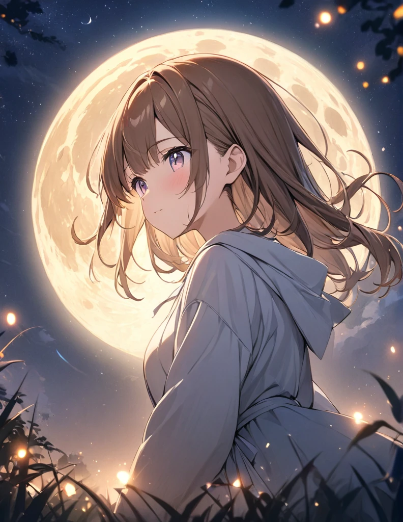 (masterpiece:1.2),(anime),Big moon in the background、Night Sky、Girl watching the moon、cute、The girl is illuminated by the moonlight、Great work、Light effects,Brown Hair,long