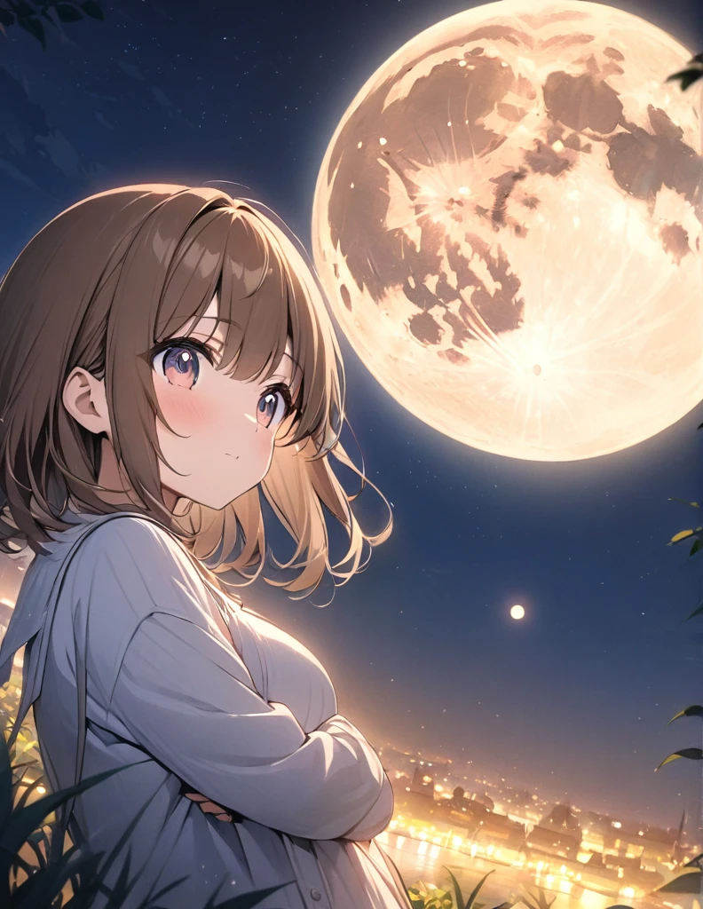 (masterpiece:1.2),(anime),Big moon in the background、Night Sky、Girl watching the moon、cute、The girl is illuminated by the moonlight、Great work、Light effects,Brown Hair,long