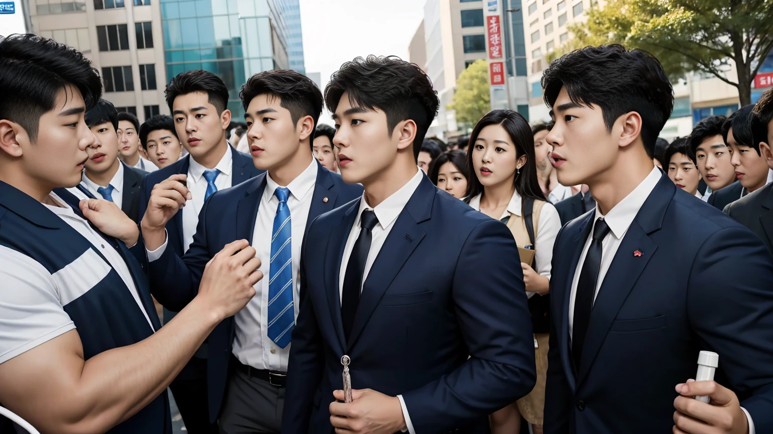 (photo realistic, masterpiece, best quality, 8k), Korean, Korean boy, Student, Uniform, wearing a suit, teenager, boy, kid, handsome, short hair, Pectoral muscles, Big arm muscles, blood vessel, Big muscles, Wide shoulders, Penis, Full erected Penis, cum, Erotic emotion, Outdoor, Crowded place,