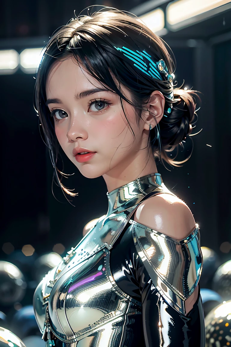 best quality, masterpiece, realistic, 1girl,  metallic dress, messy [updo|hanging] hair, (full body:0.6), solo, (full body:0.6), looking down, detailed background, detailed face, Sc3pt4, sci-fi theme:1.1), mercury-wizard, melancholic, surrounded by waves of iridescent silver, alchemical imagery, reflections, silver-colored fluid, metallic sheen, shiny, dynamic pose, fluid movement, floating particles, droplets of mercury, flowing metal, blending mercury, a foreign planet in the background, dripping mercury formations, volumetric lighting, cinematic atmosphere, sharp details, high detail skin, realistic skin texture, 