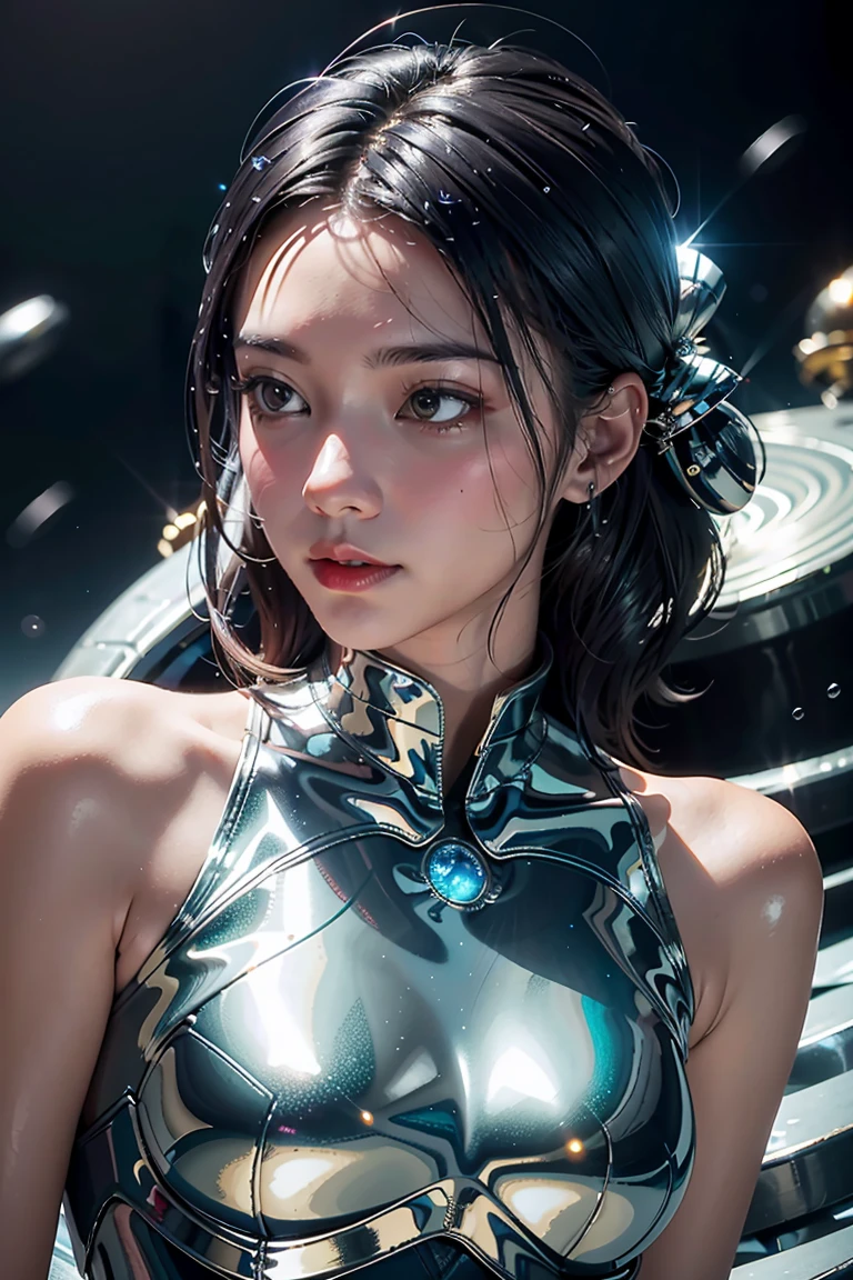 best quality, masterpiece, realistic, 1girl,  metallic dress, messy [updo|hanging] hair, (full body:0.6), solo, (full body:0.6), looking down, detailed background, detailed face, Sc3pt4, sci-fi theme:1.1), mercury-wizard, melancholic, surrounded by waves of iridescent silver, alchemical imagery, reflections, silver-colored fluid, metallic sheen, shiny, dynamic pose, fluid movement, floating particles, droplets of mercury, flowing metal, blending mercury, a foreign planet in the background, dripping mercury formations, volumetric lighting, cinematic atmosphere, sharp details, high detail skin, realistic skin texture, 