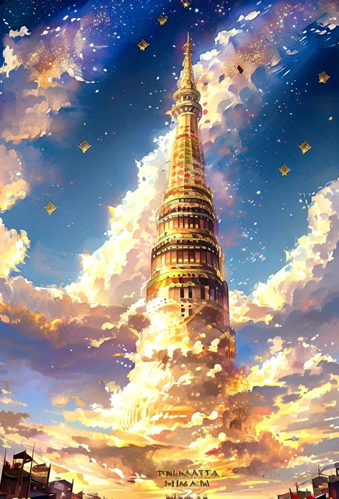 Pintura digital brillante Patrón tailandés decorado con hermosos diamantes Fondo dorado y blanco colorido, templo tailandés, castillo tailandés, Realista, paisaje, cielo, Nubes, vistoso