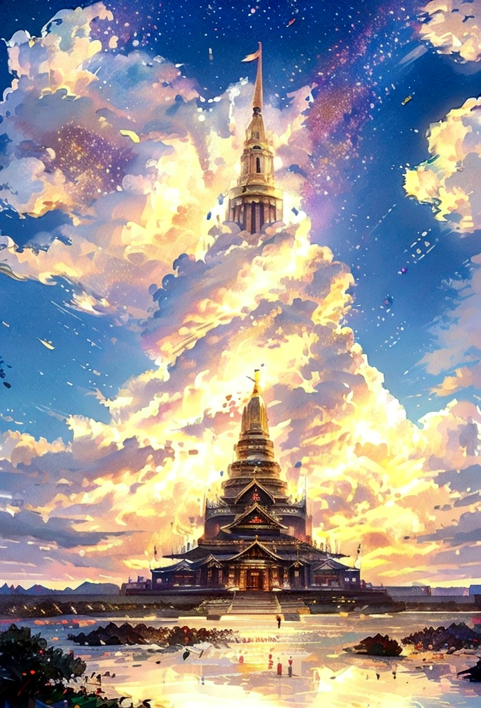 闪闪发光的数字绘画泰国图案装饰着美丽的钻石彩色金色和白色背景, 泰国寺庙, 泰国城堡, 实际的, 景观, 天堂, 云, 丰富多彩的