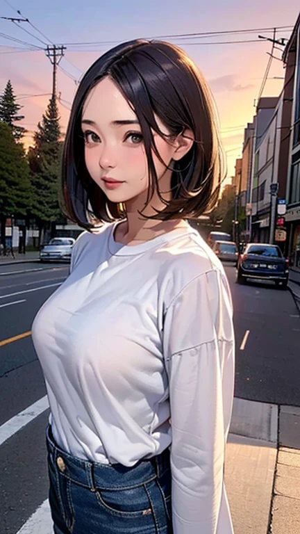 1 Woman, Japanese Woman,(Housewife:1.5),(40 Years Old:1.68),(Attractive Mature Woman:1.66),(Middle Age:1.78),(Small Round Face:1,69),(small breasts:1.5),((graduated haircut)),(((Oversized half-sleeved cutter shirts, jeans))),(((Cities, streets, trees, sidewalks))),(Sunset Scene)