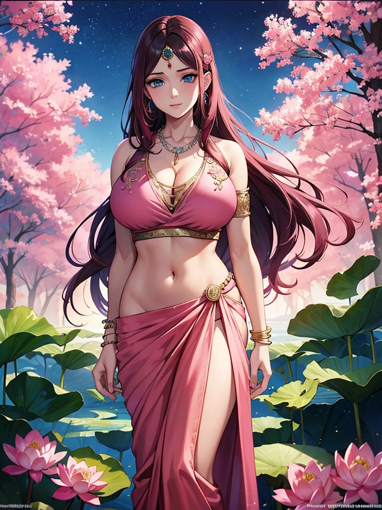 (absurderes, A high resolution, Ultra detailed, hdr), Masterpiece, Best quality, Portrait of an Indian uzumaki_kushina, extreme realistic very beautiful, animated style, closeup shot, anime in a(((pink))) indian dress (((saree))), long black wavy hair untied, head jewellery, necklace, earings, armlets, bangles and bracelets, rings, pleasant expression, bright big blue eyes, holding a lotus flower, natural beauty, vibrant colors,night sky, romantic, soft lighting, vintage aesthetic,huge breast,navel, cleavage ,standing 