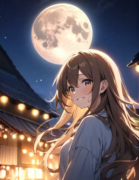 (masterpiece:1.2),(anime),big moon in the background、night sky、girl watching the moon、cute、the girl is illuminated by the moonli...