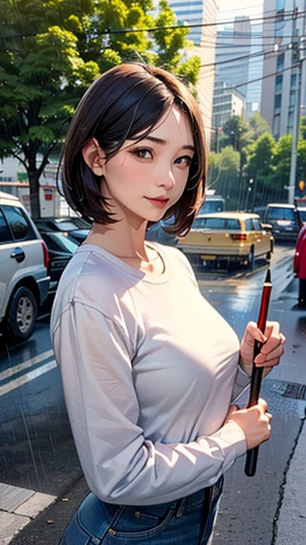 1 Woman, Japanese Woman,(Housewife:1.5),(40 Years Old:1.68),(Attractive Mature Woman:1.66),(Middle Age:1.78),(Small Round Face:1,69),(small breasts:1.5),((graduated haircut)),(cutter shirts, jeans),(((Cities, streets, trees, sidewalks))),((heavy rain)),(Umbrellas, umbrellaing)