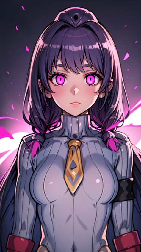 1 girl, nsfw, collarbone, absurd, brainwashed, combatant, hollow eyes, ((purple glowing eyes 1.5))( big breasts ), expressionles...