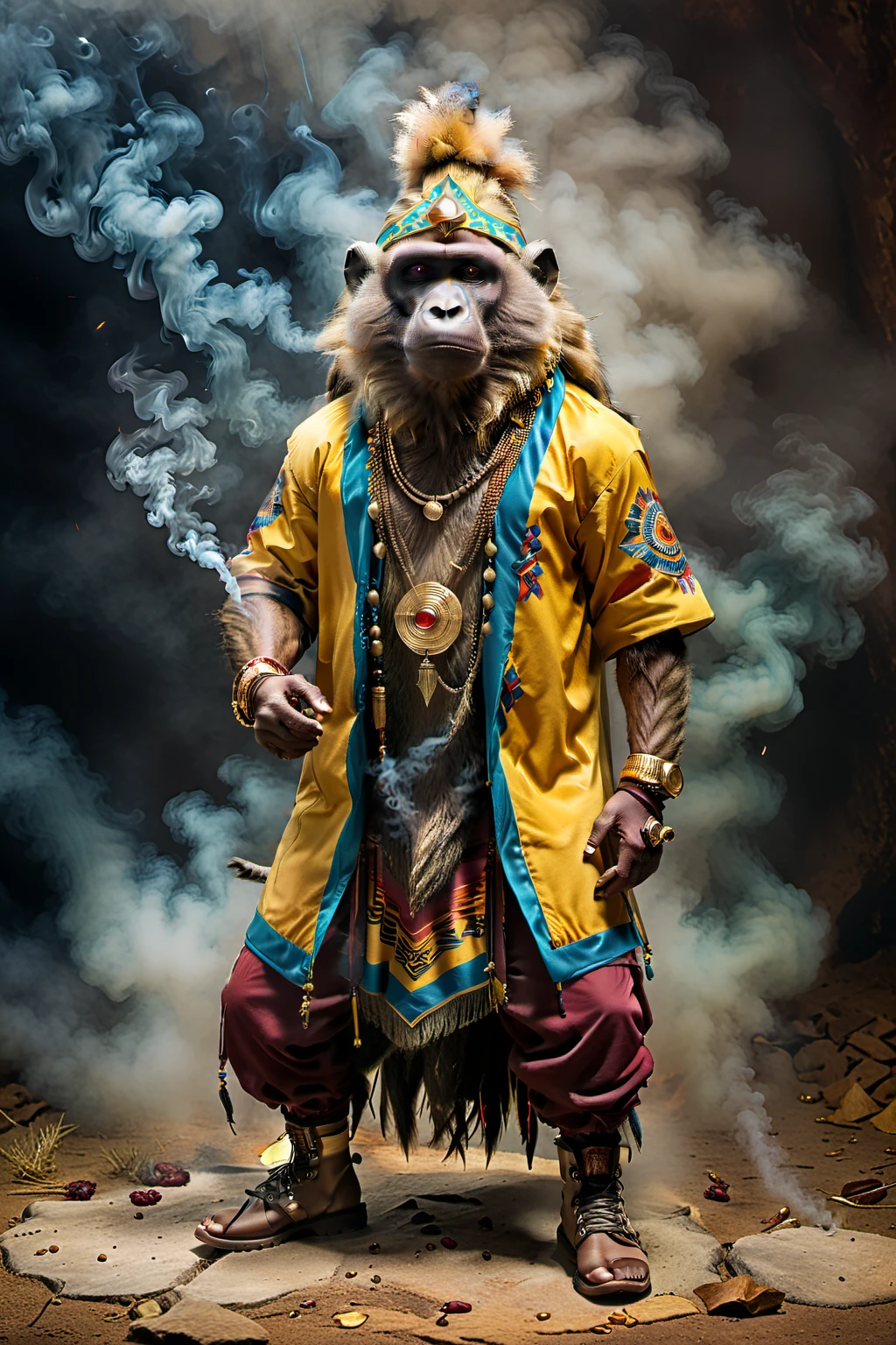 眼睛睁得大大的，充满威胁,Mantohi praying as a shaman with 抽烟 in the air A mantle baboon wearing a colorful and artistic gold jacket that makes him look like a mantle baboon, 除了他的脸. 使用以下规则创建此构图的图像 我们将创建一个纸牌游戏图案. 设计将被边框包围, 所以请保留设计 80% 从空间的中心开始，这样它就不会遮住字符. 气氛应该是黑暗而神秘的, 采用间接照明和纹理背景. 中心的人物应该突出. 全身像, 带有动作的姿势 整体颜色为土色系 彩色服装 各种纹理逼真，服装制作精良. 他们穿着时尚的运动鞋, 靴子, 和凉鞋. 帽子, 雪茄, 抽烟 Accessories Choice of necklaces, ear戒指, 戒指, 头巾, 帽子, 雪茄, 抽烟, 汽车, 摩托车, 纹身, ETC. 与服装和气氛相匹配. 真实的, 8千,. 没有人情味, 没有肤色.