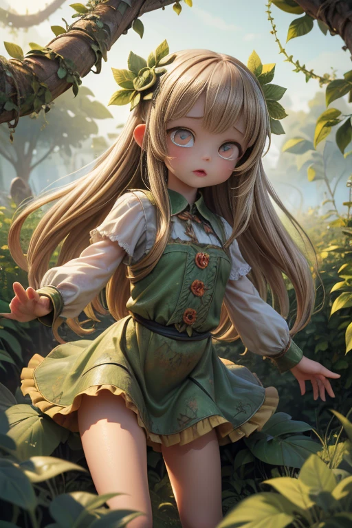 (Highest quality, ultra-high quality, ultra-high definition, realistic masterpiece, extremely detailed CG illustration: 1.2) One girl, (Mini cute beautiful girl) (Highlights on the eyes, 10 years old: 1.5) ((Plant girl attacks zombies with thorn vines))