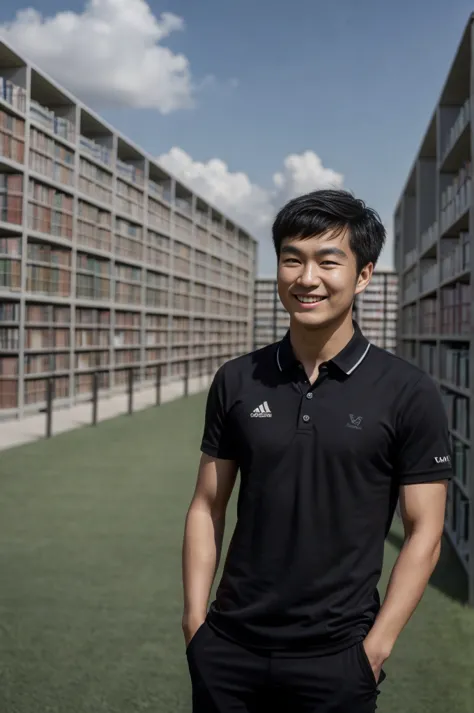 young asian man in a black polo shirt standing on the grass with a smiling face, looking into the distance turn your head slight...