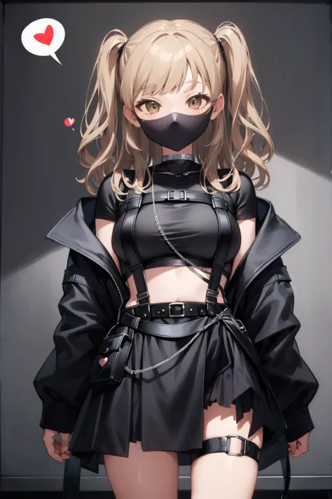 ddsister, long hair, two side up, wavy hair, black mask, crop top, cropped shirt, black shirt, chest harness, suspenders, off sh...