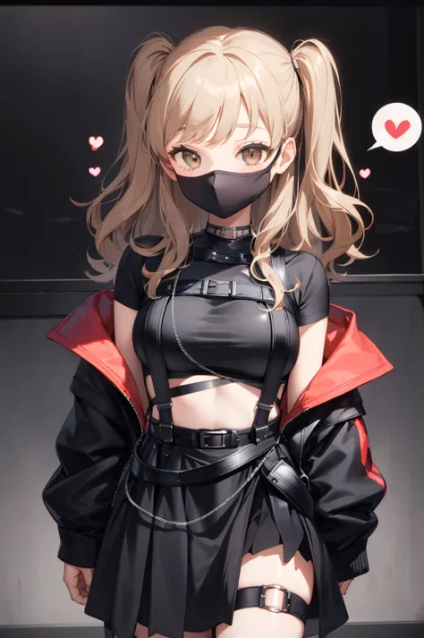 ddsister, long hair, two side up, wavy hair, black mask, crop top, cropped shirt, black shirt, chest harness, suspenders, off sh...