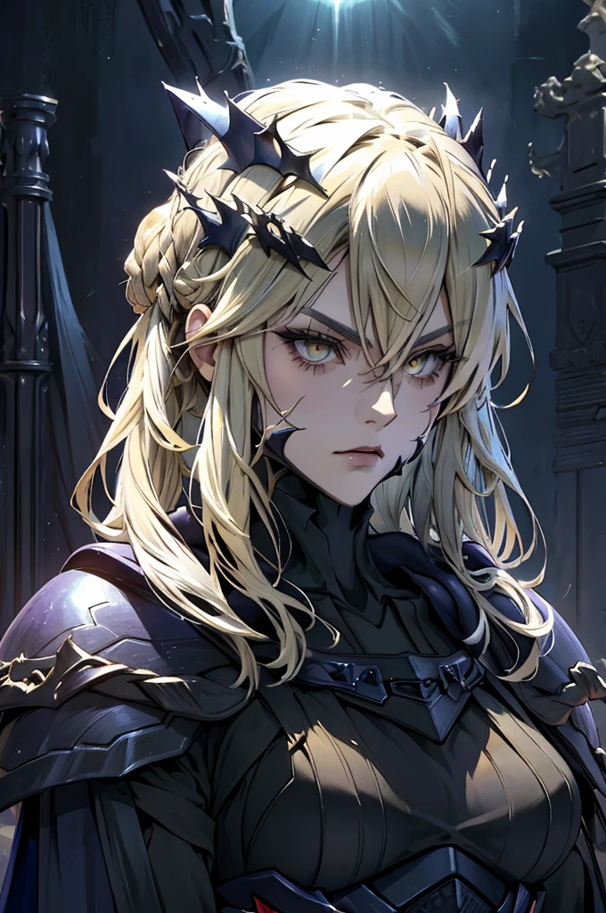 solo, (best quality,highres:1.2),detailed portrait,dark and mysterious,Arturia Pendragon from Fate/Grand Order, LancerAlter,glowing yelow eyes,flowing hair,armor,crown of thorns,moonlit background,dramatic lighting,sacred aura, Artorias, dark black and red armor