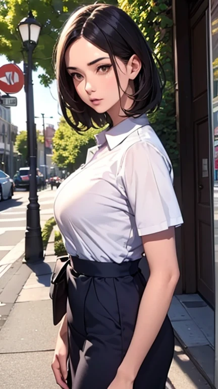 1 Woman, Japanese Woman,(Housewife:1.5),(40 Years Old:1.68),(Attractive Mature Woman:1.66),(Middle Age:1.78),(Small Round Face:1,69),(small breasts:1.5),((graduated haircut)),(Casual, collared cutter shirts, buttons,long tight (straight) skirt),(((Cities, streets, trees, sidewalks)))