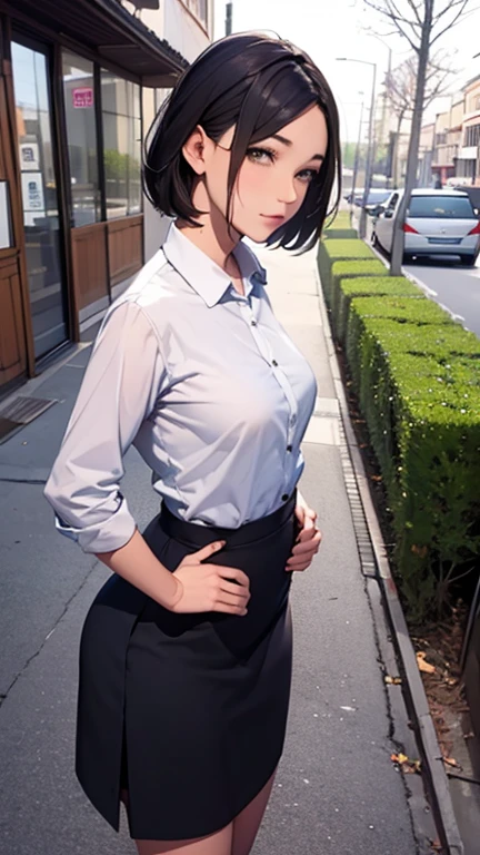 1 Woman, Japanese Woman,(Housewife:1.5),(40 Years Old:1.68),(Attractive Mature Woman:1.66),(Middle Age:1.78),(Small Round Face:1,69),(small breasts:1.5),((graduated haircut)),(Casual, collared cutter shirts, buttons,long tight (straight) skirt),(((Cities, streets, trees, sidewalks)))