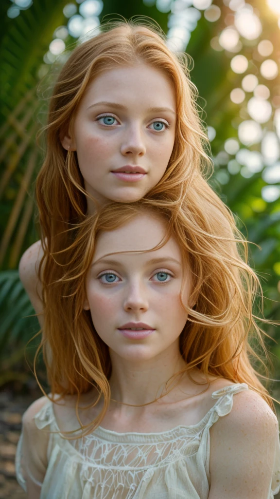 a ginger girl stranded on a deserted island after a shipwreck, extremely detailed portrait, beautiful detailed eyes, beautiful detailed lips, long eyelashes, gorgeous freckled skin, wet hair, seawater splashing, tropical palm trees, golden sunset sky, ocean waves crashing, photorealistic, 8k, masterpiece, vibrant colors, cinematic lighting, soft lighting, dreamy atmosphere, light pastel colors, delicate bokeh, david hamilton style, high quality, intricate details, cinematic lighting, film grain, muted tones, warm tones, gentle smile, long hair, natural beauty, graceful pose, serene expression, lush foliage, outdoor setting, peaceful, romantic, feminine