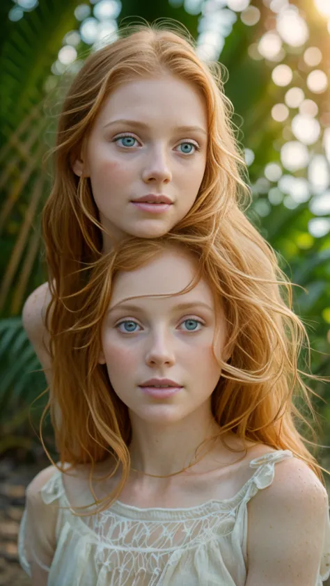 a ginger girl stranded on a deserted island after a shipwreck, extremely detailed portrait, beautiful detailed eyes, beautiful d...