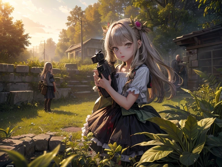 (Highest quality, ultra-high quality, ultra-high definition, realistic masterpiece, extremely detailed CG illustration: 1.2) One girl, many gray zombies, (mini cute beautiful girl) (highlights on the eyes, 10 years old: 1.5) ((Plant girl attacks zombies))