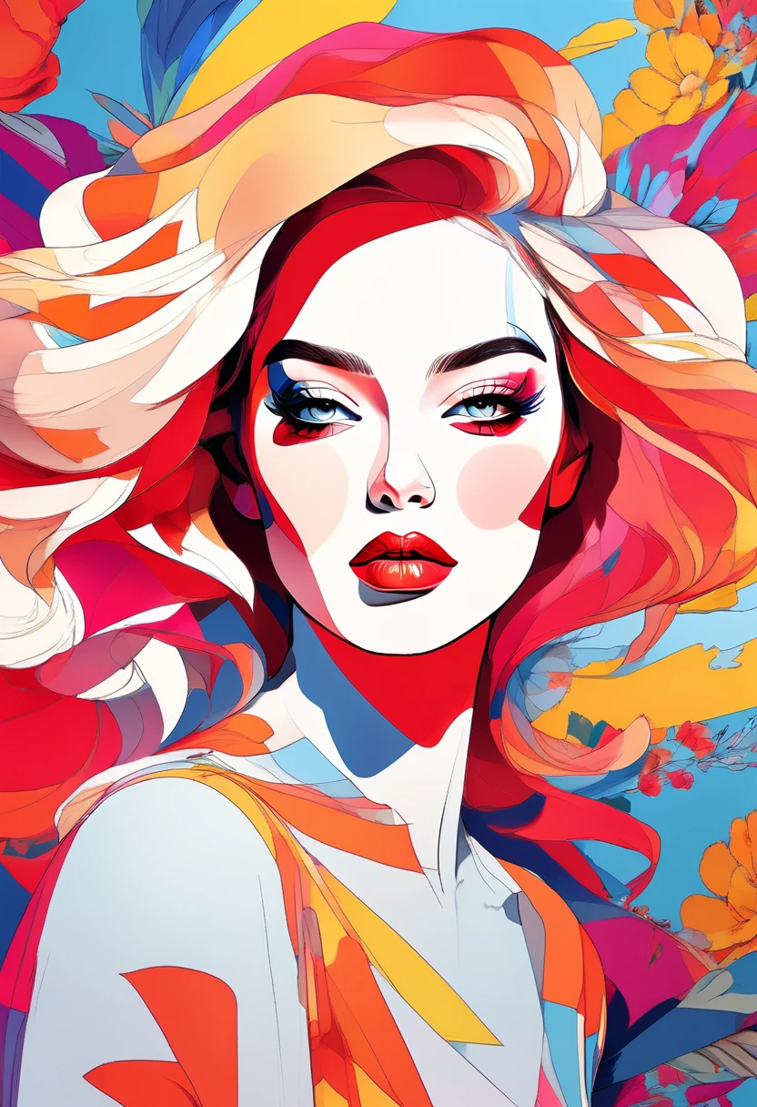 Crea una obra de arte digital al estilo pop art, Maquillaje audaz y moda colorida、Con mujeres vibrantes y seguras, esquema de color cinematográfico, Rodeado de motivos florales antiguos., Pincelada poderosa,El ambiente debe ser dinámico., Parte superior del cuerpo, dibujo, cifra, escala de grises