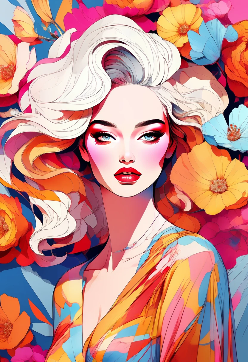 Create a pop art style digital artwork, Bold makeup and colorful fashion、Featuring vibrant and confident women, Cinematic color scheme, Surrounded by vintage floral patterns, Powerful brushwork,The atmosphere should be dynamic., Upper Body, drawing, figure, grayscale