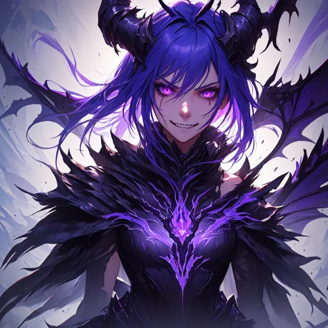 1girl, solo, person, anime character with a purple and black wings and a purple and black dragon, purple ancient antler deity, w...