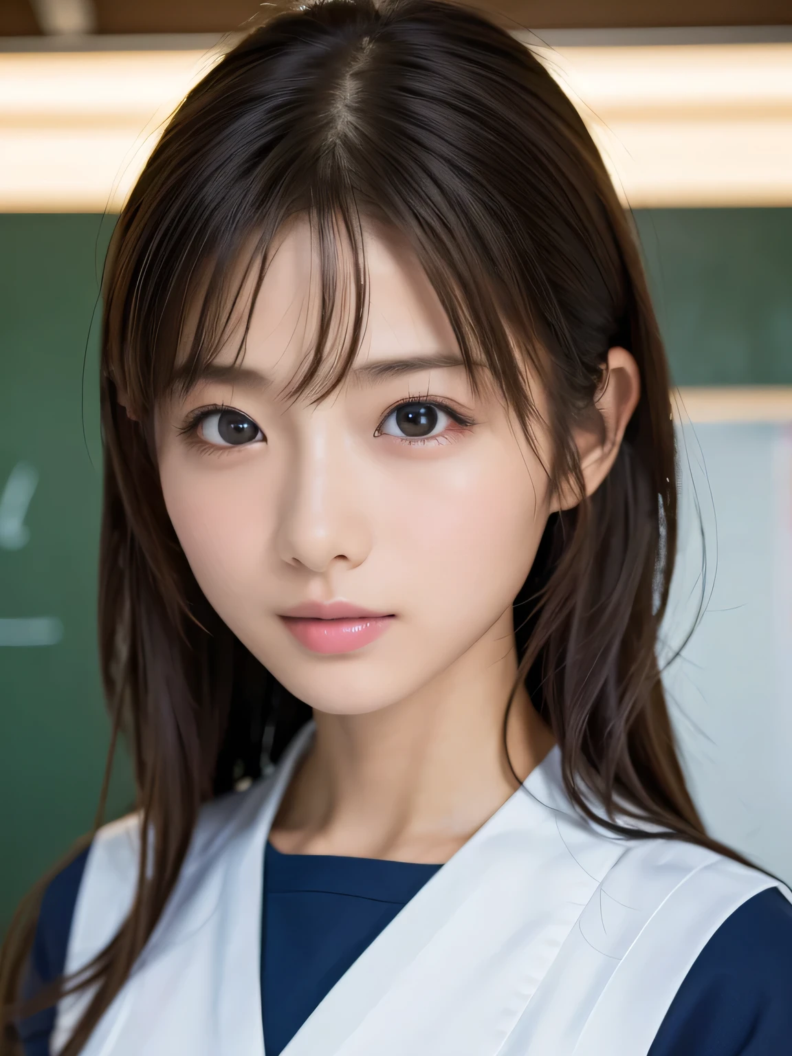 ((masterpiece, Highest quality, High resolution)), 1 Japanese girl, (Realistic: 1.4), Great face, 15 years old, Medium Hair, (Beautiful Hair:1.5), Sailor suit, School classroom, Angle from the front, Smooth, Highly detailed CG composite 8K wallpaper, High resolution RAW color photos, Professional photography, Light, BackLight, dream-like, impressive, Written boundary depth