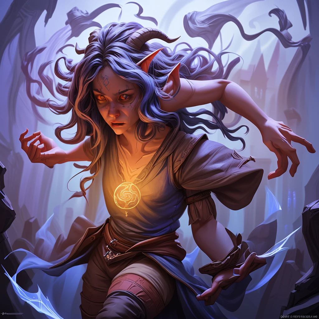 1/2 halfling tiefling mage, pint-sized mage casting spell, intricate magical runes, glowing magical energy, ethereal magical aura, dynamic pose, dramatic lighting, vibrant colors, cinematic composition, fantasy art, highly detailed, 4k, 8k, photorealistic, masterpiece, ultra-detailed, sharp focus, physically-based rendering, extreme detail description, professional, vivid colors