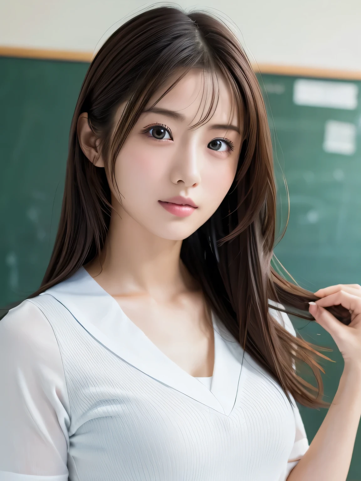 ((masterpiece, Highest quality, High resolution)), 1 Japanese girl, (Realistic: 1.4), Great face, 15 years old, Medium Hair, (Beautiful Hair:1.5), Sailor suit, School classroom, Angle from the front, Smooth, Highly detailed CG composite 8K wallpaper, High resolution RAW color photos, Professional photography, Light, BackLight, dream-like, impressive, Written boundary depth