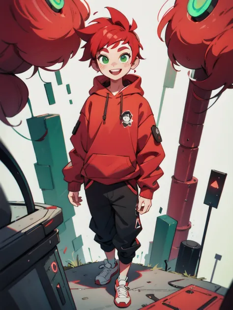 １０Year old boy、White hair mixed with red hair、Green eyes、Cyberpunk Style、Wearing a red and black hoodie、A cheerful smile、whole b...