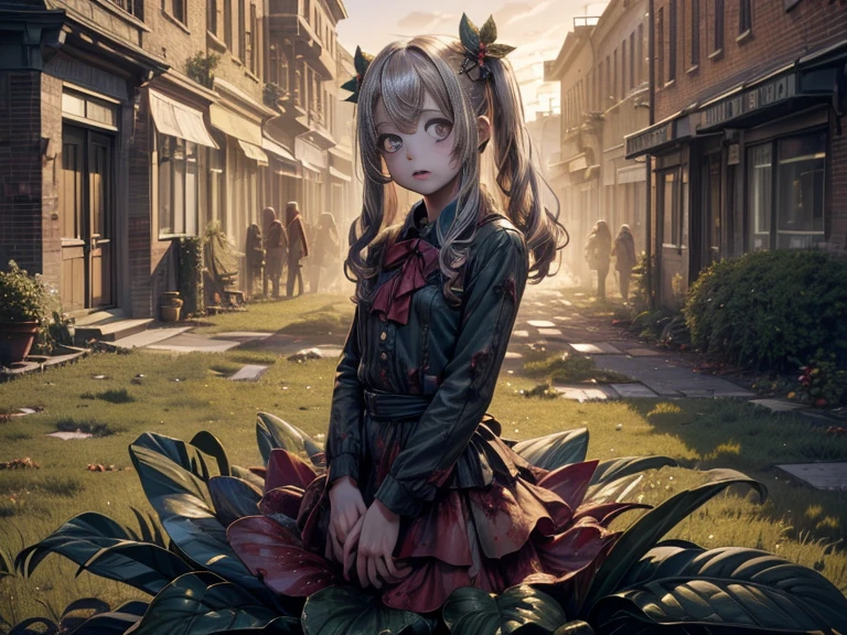 (Highest quality, ultra-high quality, ultra-high definition, realistic masterpiece, extremely detailed CG illustration: 1.2) One girl, many gray zombies, (mini cute beautiful girl) (highlights on the eyes, 10 years old: 1.5) ((Plant girl attacks zombies))