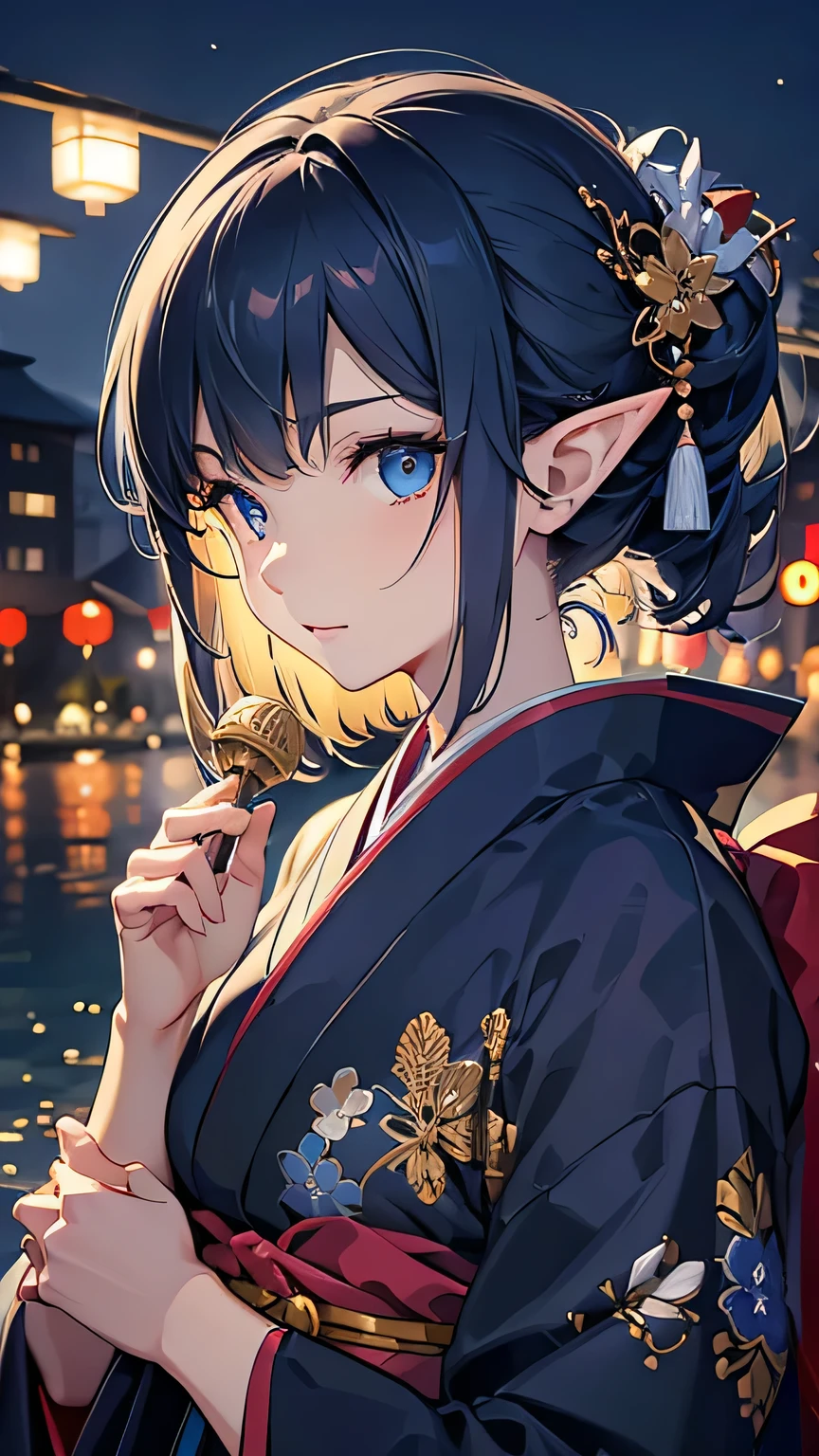 ((best quality)), ((masterpiece)), (detailed face and eyes), detailed hands and fingers, perfect face, accurate, textured skin, high details, blue hair, elf, multicolored eyes, pointy ears, kimono, wearing japanese traditional cloth, kanzashi, Night view, fireworks in the background