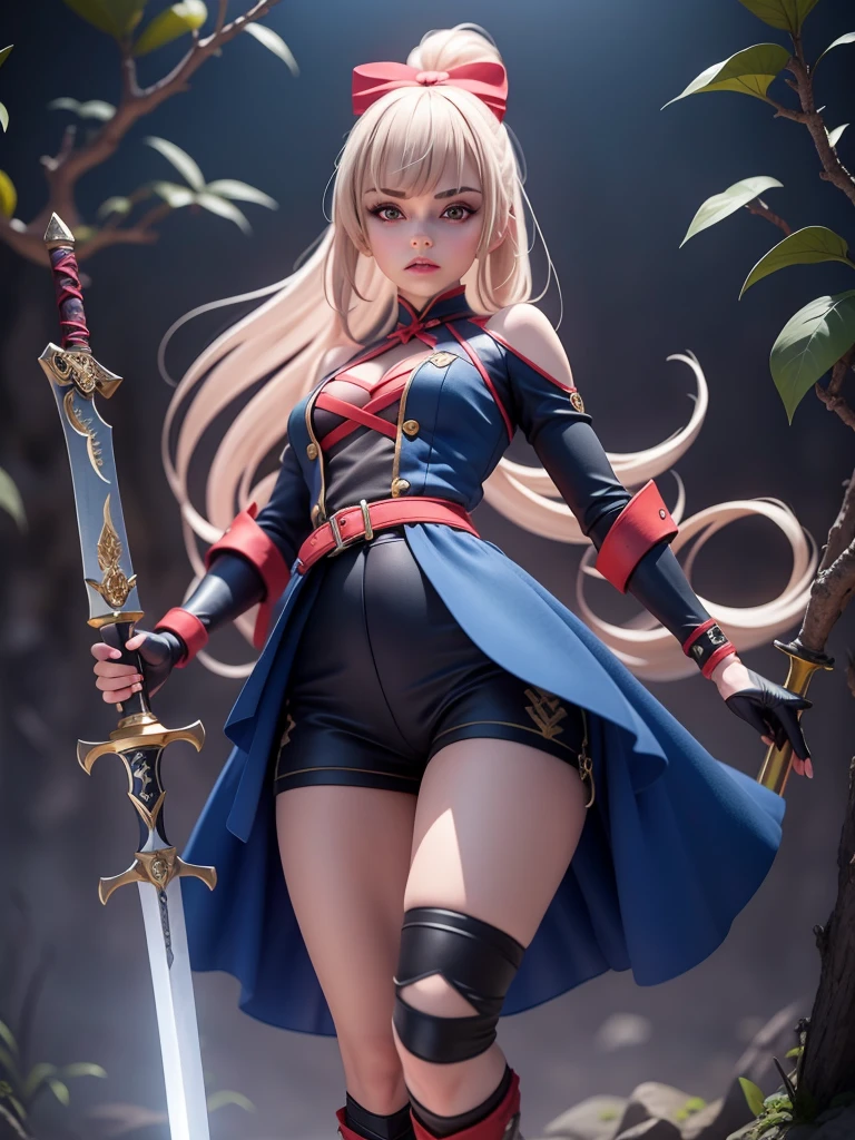 female mascot, small, , Ray-tracing, Waist slender, small, with ancient clothes, detailed, Russian robes, warm clothing, hot pants e botas, with sword in hand, futuristic gun pointing left, pose to the left, detailed doom style sword, large sword with different colors, futuristic sword, cintura small, complex light, cyberpunk sword in hand, sock with horizontal stripes in two colors up to the thigh, complex light, wool, pants with many folds, exclusive gloves, dynamic position, dark look, dark look, giant sword in hand, attacking, belts around the waist, detailed hem, giant laser sword, dark look, shorts, Darkening, Eyes red, Traits I didn't bring, prints, big thorns bracelet, shorth hair, Power spells,High subsurface, High subsurface, occlusion environment, ((dark look)), dark look, black costumes, shorth hair, big gloves, Bodysuit, (tied hair), hair divided into two, full-body vision, hair tied with ribbons and large bows, joelheiras detailed, ((blackquality hair)), ((blue short dress with stylish rip at the waist)),mortal kombat, detailed top, shoulder pads rich in details, Thigh-high boots, hair divided into two, stamped, red details,((sexy))