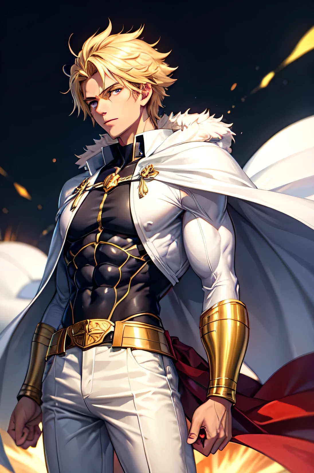 1male, handsome, blonde, messy hair bombedm back, yellow eyes, stoic and annoying expression, he wears a white skin tight shirt suit, muscles showing, golden accents and tints on shirt, white trousers, long red cape behind, fur around collar, looking to the slightly downwards, standing still, facing forwards tiled slightly right, close up, golden aura, thin aura, bright aura.