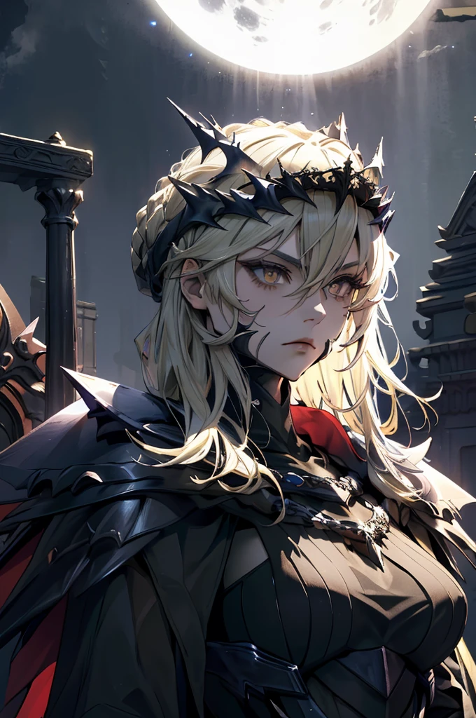 solo, (best quality,highres:1.2),detailed portrait,dark and mysterious,Arturia Pendragon from Fate/Grand Order, LancerAlter,glowing yelow eyes,flowing hair,armor,crown of thorns,moonlit background,dramatic lighting,sacred aura, Artorias, dark black and red armor