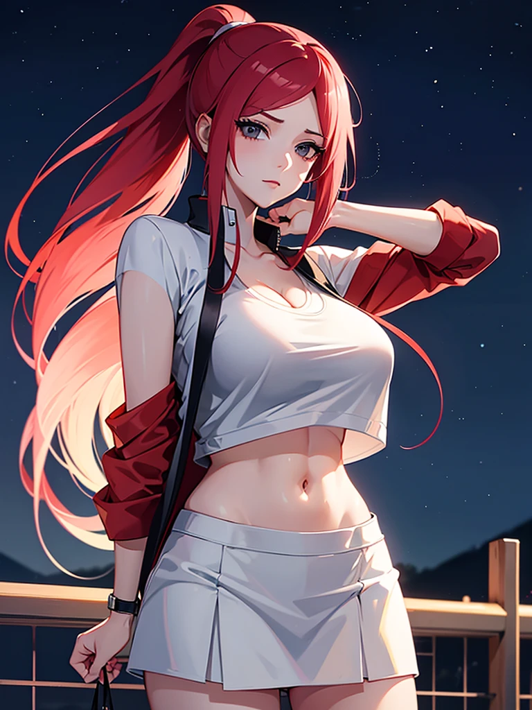 Uzumaki_kushina, big breast, wearing a jacket and white t-shirt and skirt, standing straight,face on camera, night sky,navel, cleavage ,skirt lift by hand ,ponytail,long hair