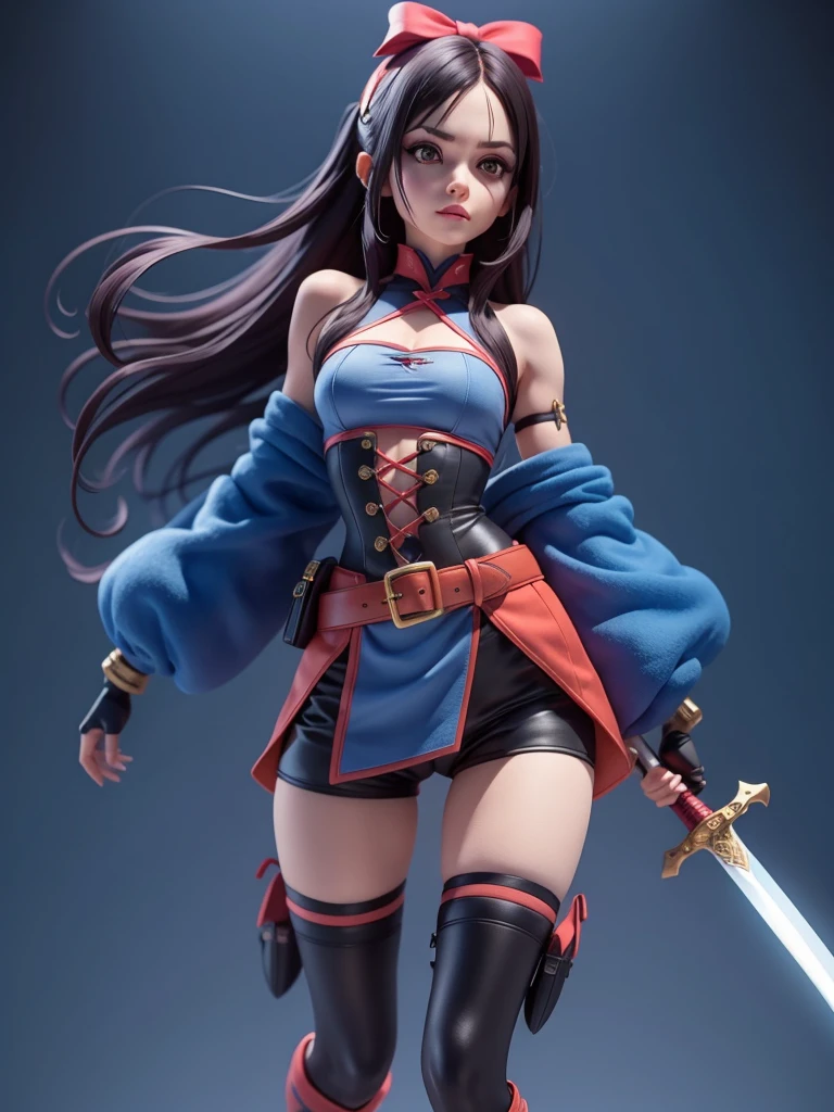 female mascot, small, , Ray-tracing, Waist slender, small, with ancient clothes, detailed, Russian robes, warm clothing, hot pants e botas, with sword in hand, futuristic gun pointing left, pose to the left, detailed doom style sword, large sword with different colors, futuristic sword, cintura small, complex light, cyberpunk sword in hand, sock with horizontal stripes in two colors up to the thigh, complex light, wool, pants with many folds, exclusive gloves, dynamic position, dark look, dark look, giant sword in hand, attacking, belts around the waist, detailed hem, giant laser sword, dark look, shorts, Darkening, Eyes red, Traits I didn't bring, prints, big thorns bracelet, shorth hair, Power spells,High subsurface, High subsurface, occlusion environment, ((dark look)), dark look, black costumes, shorth hair, big gloves, Bodysuit, (tied hair), hair divided into two, full-body vision, hair tied with ribbons and large bows, joelheiras detailed, ((blackquality hair)), ((blue short dress with stylish rip at the waist)),mortal kombat, detailed top, shoulder pads rich in details, Thigh-high boots, hair divided into two, stamped, red details,((sexy))