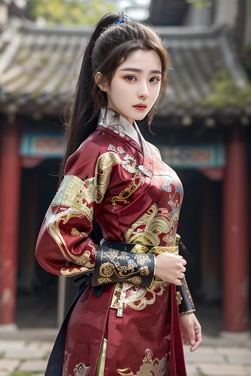 Fei Yu_robes， red cloth， Gold Embroidery， black embroidered gold， high ponytail， depth of field， Ancient Chinese scenery， 1 girl，25 year old girl, ulzzang-6500v1.1， （manuscript： 1.2）， （realistic： 1.3） ， สาวสวยกับdetailsที่สวยงาม， ดวงตาและใบหน้าที่Very detailed， ดวงตาพร้อมdetailsที่สวยงาม， red hair， The resolution is incredibly ridiculous.， hugeFilesize， ไฮเปอร์details， High resolution，very big breasts, Very detailed， best quality， Masterpiece， illustration， มีdetailsและสวยงามเป็นพิเศษ， Very detailed， CG， unity， 8k wallpaper， Surprisingly， details， Masterpiece， Highest quality， official art， วอลล์เปเปอร์ CG unity 8k ที่มีdetailsมาก， Cinematic lighting， （Perfect shiny skin：0.6）， The lines are thin and smooth.， （floating）， ear nipple ring ， Masterpiece， best quality best，