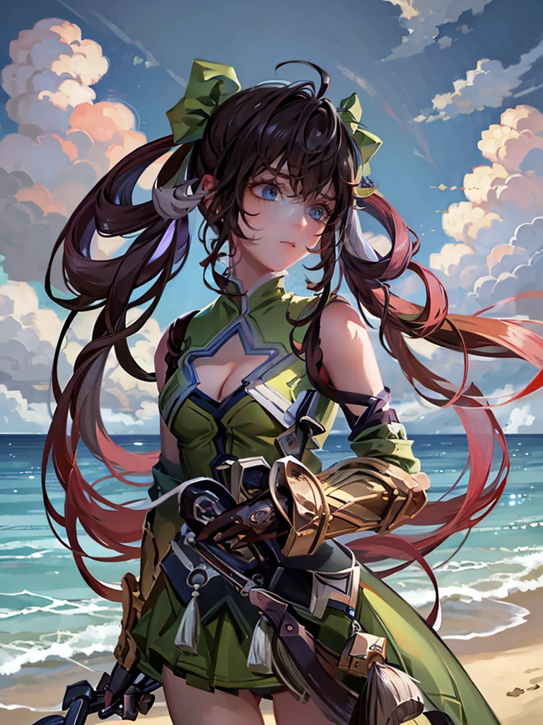 ( painting style:0.9), masterpiece, best quality, absurdres, looking at viewer, no pupils,(detailed eyes), (detailed face), perfect face, alternate costume, 1girl, solo, outdoor, cloud, beach, madiun breasts 