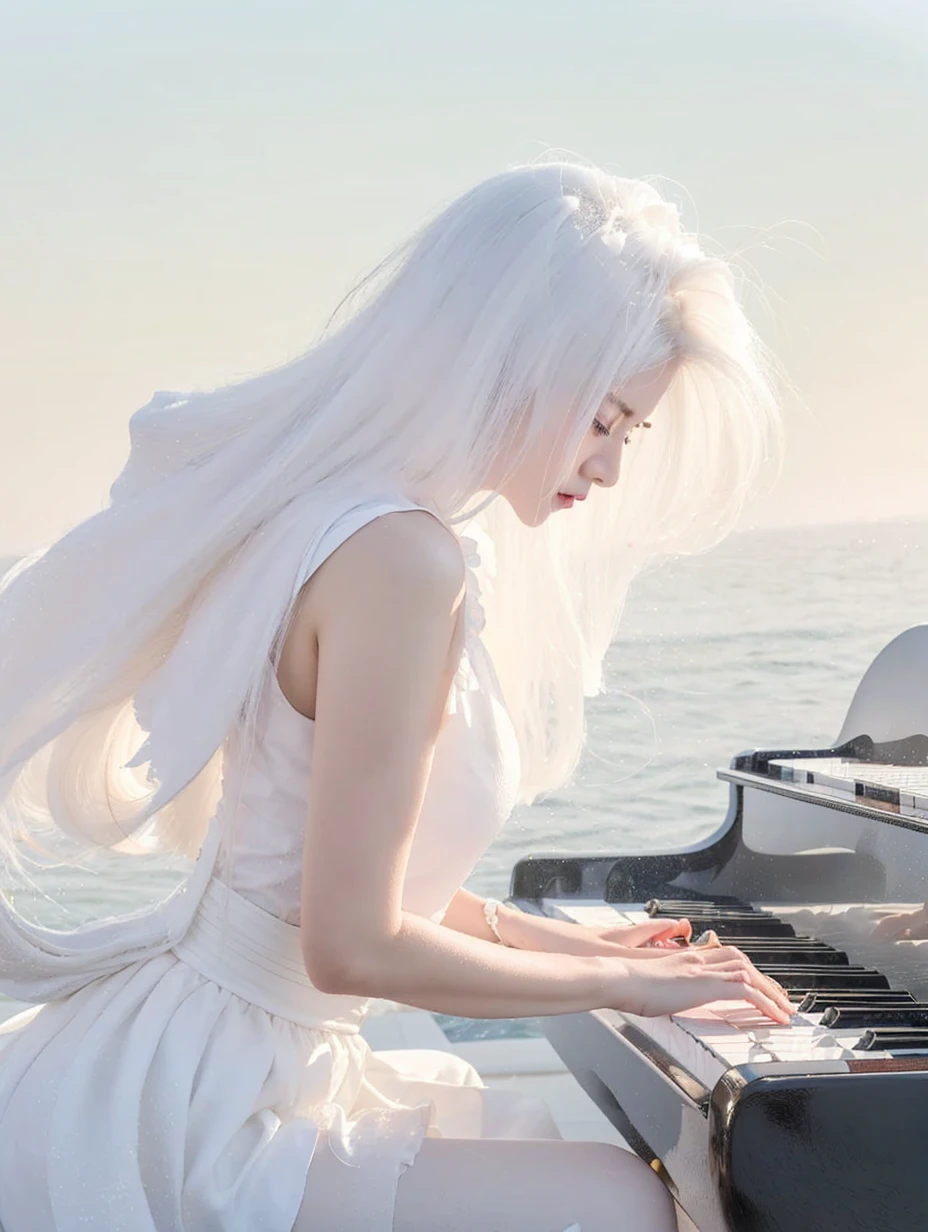 Magnifique waifu japonais, Début des années 30, cheveux blancs, Robe blanche, jouer du piano au bord de la mer 