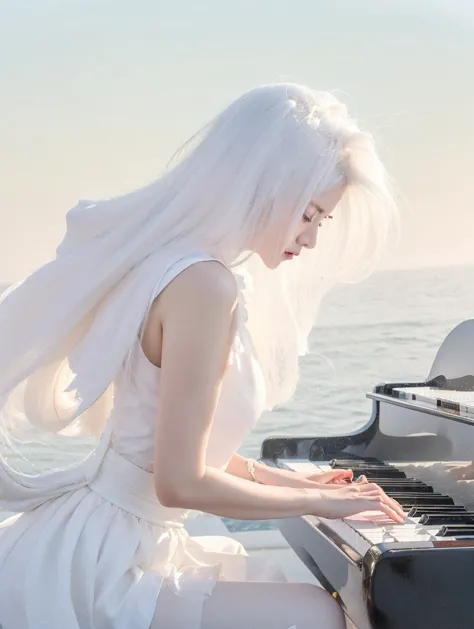 Beautiful Japanese Waifu, early 30s, white hair, white dress, playing piano at seasides 