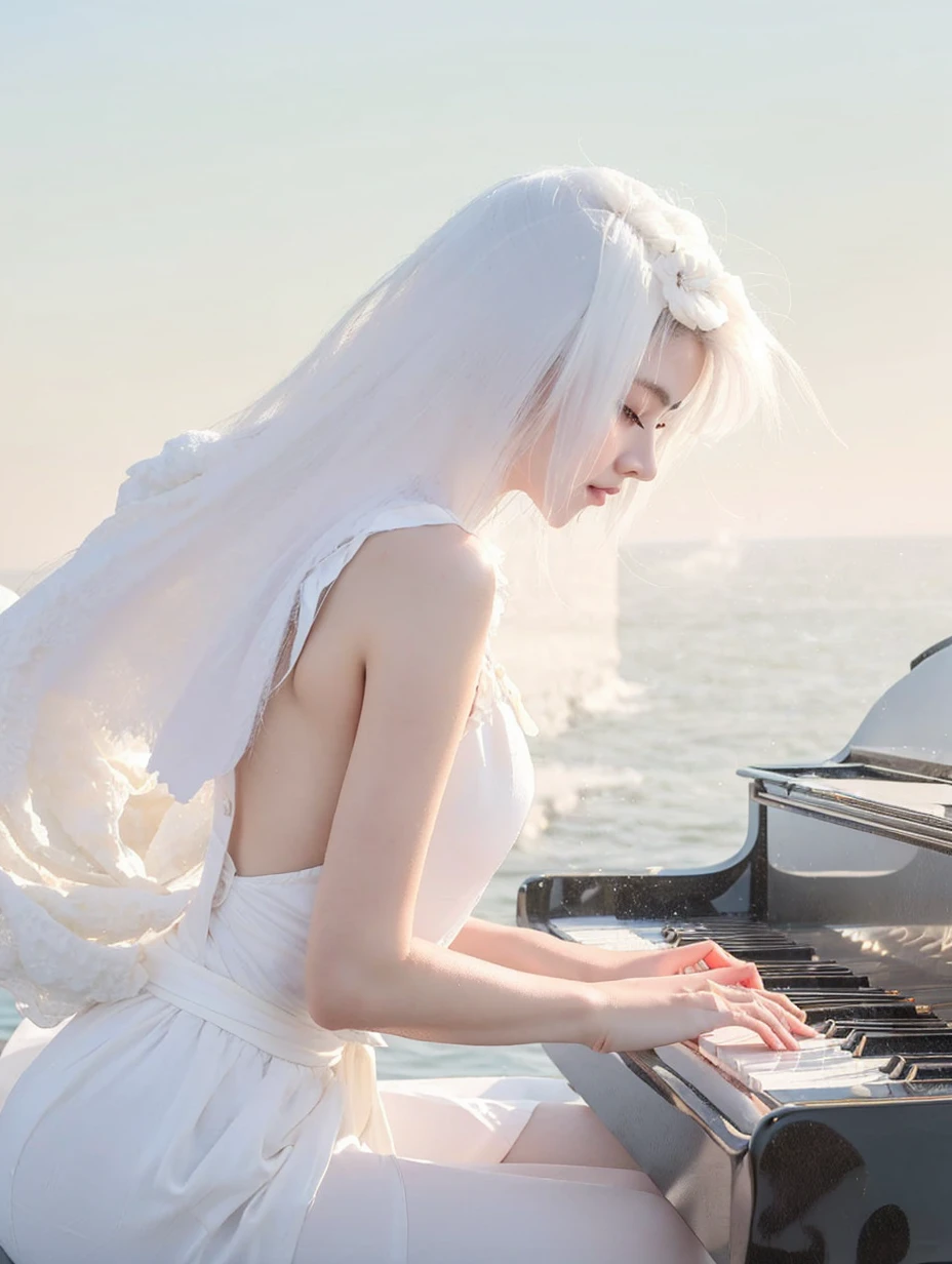 Hermosa waifu japonesa, principios de los años 30, pelo blanco, vestido blanco, tocando el piano en la playa 