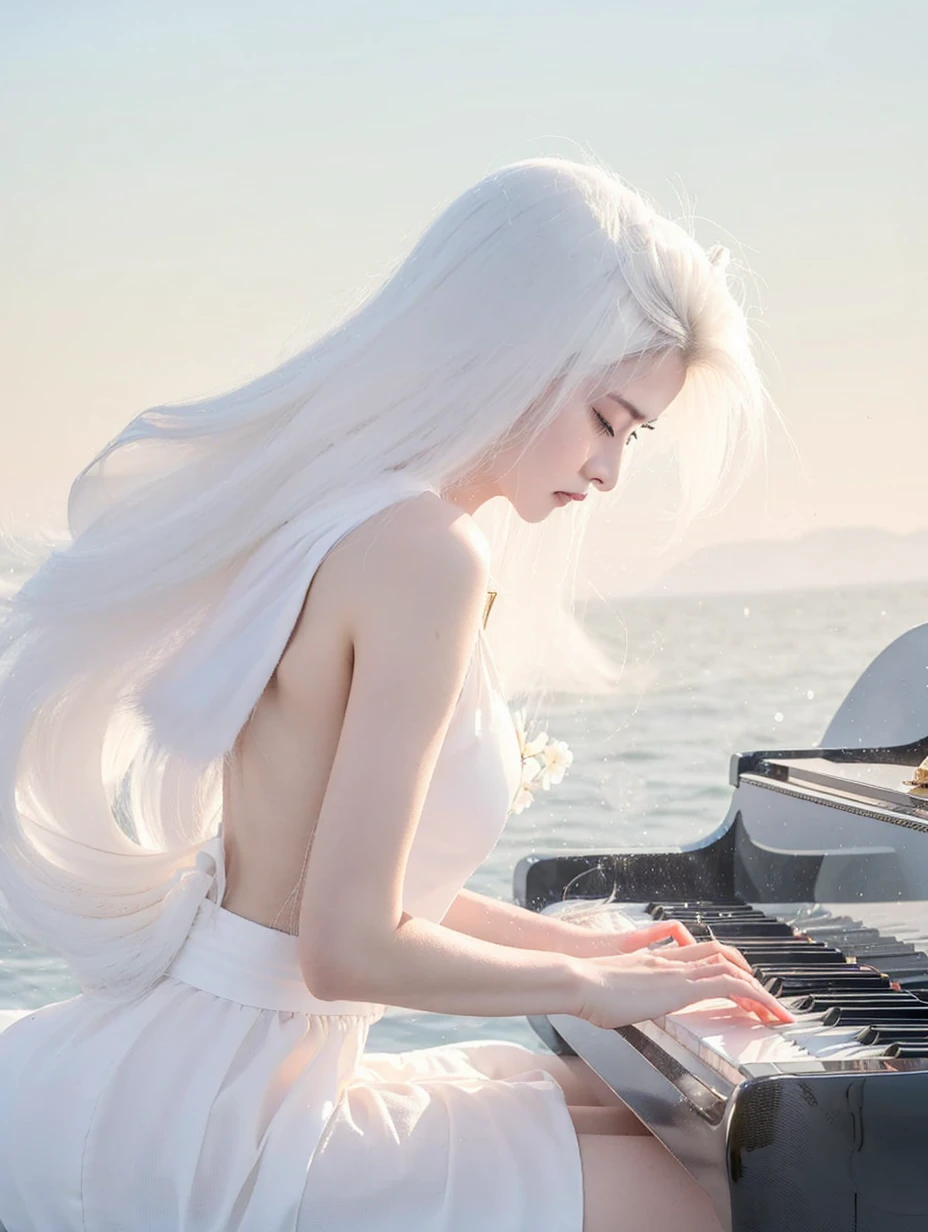 Schöne japanische Waifu, Anfang 30, weißes Haar, weißes Kleid, Klavier spielen am Meer 